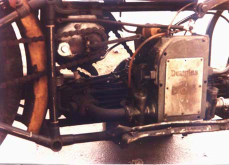 Closeup view of Guido Rossini's Douglas motorcycle